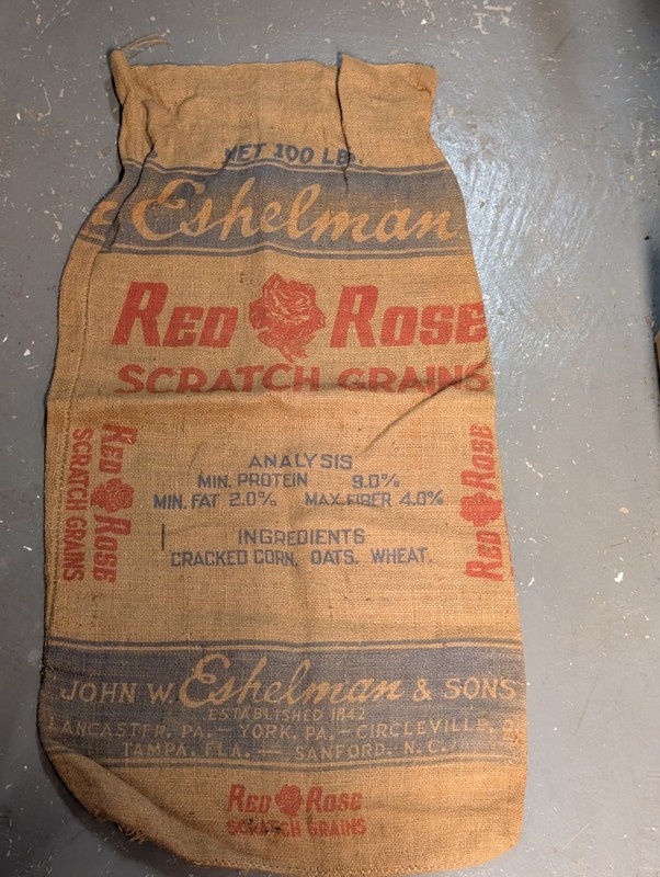 Vintage Eshelman Red Rose Growing Mash Sack Feed Bag 100 LB Lancaster PA York