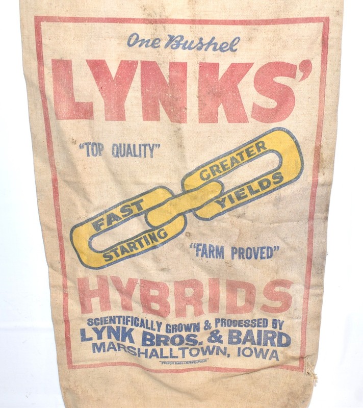 Vintage Seed Cloth Sack 1 Bushel * LYNKS’ HYBRIDS * Iowa Farm Barn Advertising