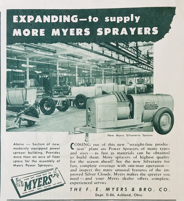 1946 AD.(XF8))~F.E. MYERS BRO. CO. ASHLAND, OHIO. NEW SILVERAIRE ORCHARD SPRAYER