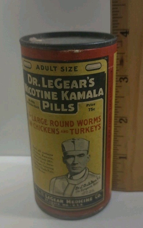 Vintage Dr LeGear’s Nicotine Kamala Pills Paper Label Poultry Advertising Can