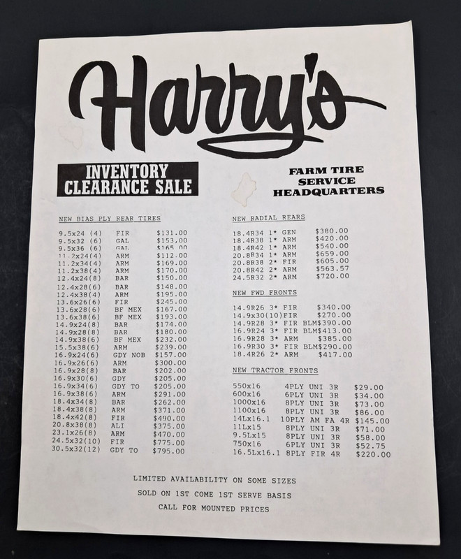 1990s Harry’s Farm Tire & Rim 2-Side Parts Sheet & Pricelist Clearance Sale READ