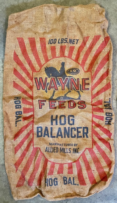 BURLAP FEED BAG GUNNY SACK WAYNE HOG BALANCER Allied Mills Chicago ILL VTG USA