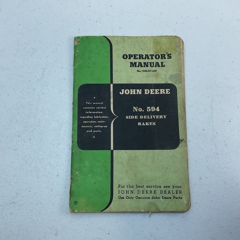 John Deere No. 594 Side Delivery Rakes Operator Original Owners Manual OM-E7-649