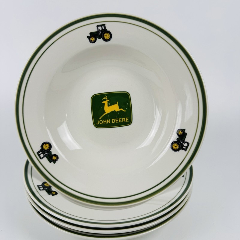 John Deere Gibson Soup Bowls Set of 4 9” Green Tractor Logo Farm Dishware