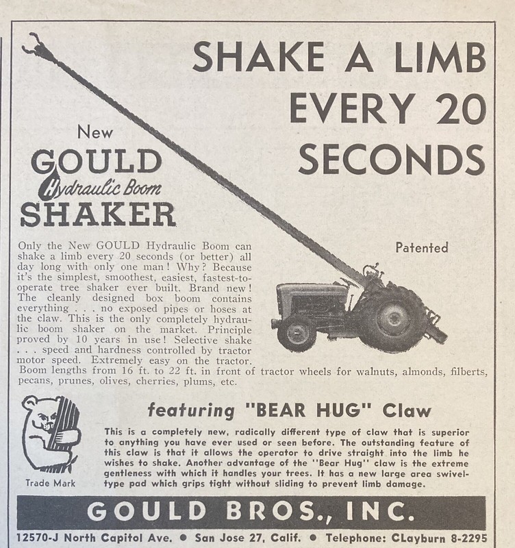 1959 AD.(XF21)~GOULD BROS., INC. SAN JOSE, CA. HYDRAULIC BOOK SHAKER CLAW