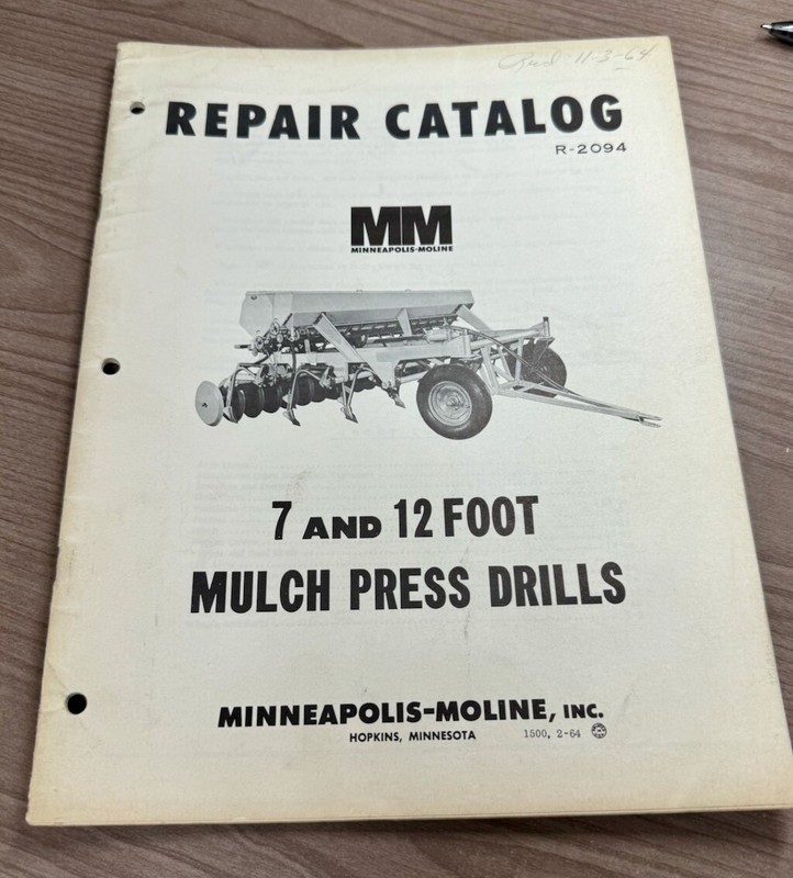 Repair Parts Catalog MM Minneapolis Moline 7 & 12 Foot Press Drills 1964