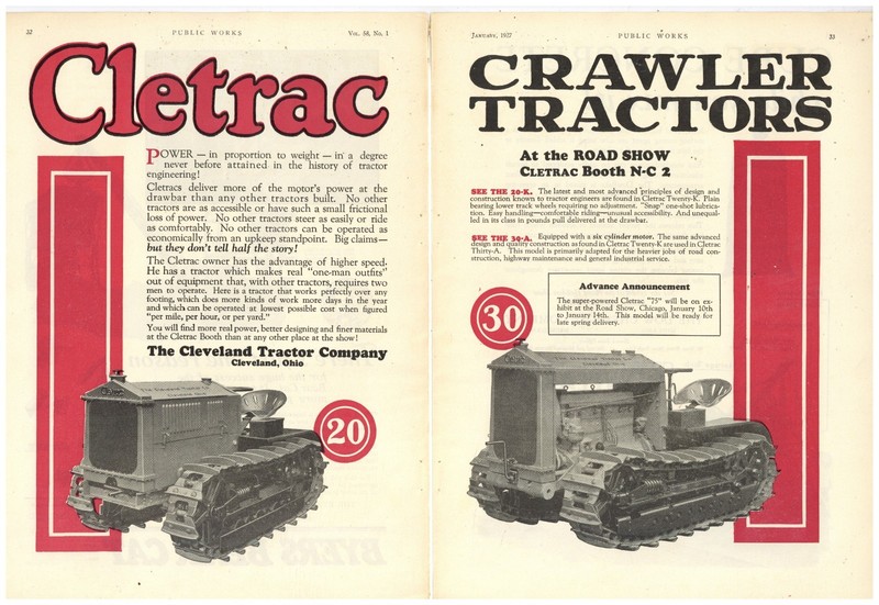 1927 Cleveland Tractor 2 Separate Pg Ad: CLETRAC 30-A & 20-K Pictured, Road Show