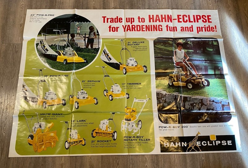 RARE 1960s Vintage Hahn Eclipse Yard Equipment Advertising Sign Poster 58″ x 41″