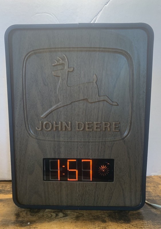 1970s-1980s John Deere Wood Grain Plastic Embossed Digital Clock Dealership