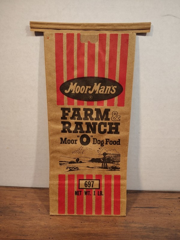 Moor-Man’s Dog Food Sack. Vintage Farm & Ranch Decor Empty Paper 1 Lb Bag #697