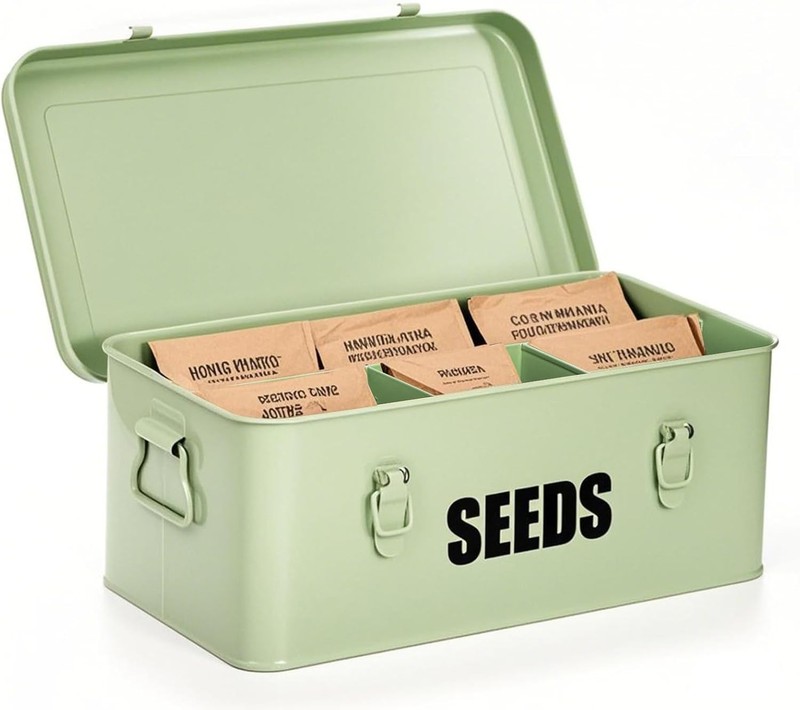 Seed Storage Organizer Box with 4 Compartments, Large Metal Seed Packet Containe