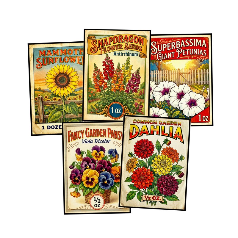 5 Flower Seed Packet Stickers with Beautiful Retro Antique Designs, 1 Sheet
