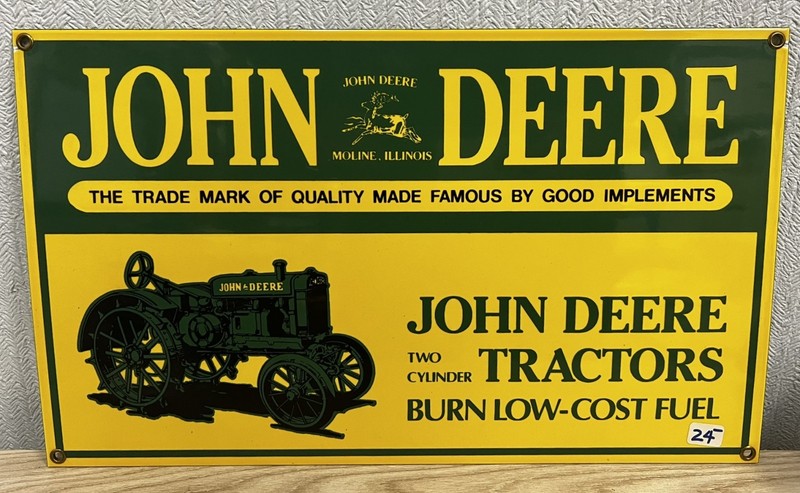 John Deere Ande Rooney Two Cylinder Tractors Porcelain Sign 15.5”