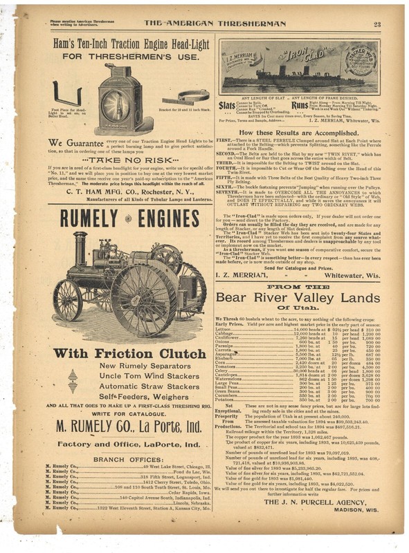 1898 M. Rumely Co. Ad: Steam Engine w/ Friction Clutch – LaPorte, Indiana