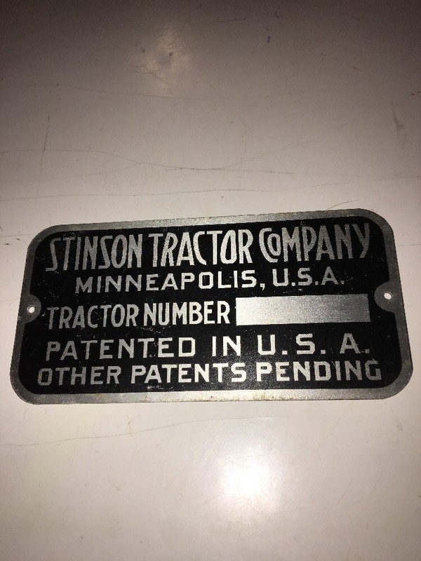 Stinson Tractor Company Minneapolis U.S.A Tractor Id Tag Serial Number Tag