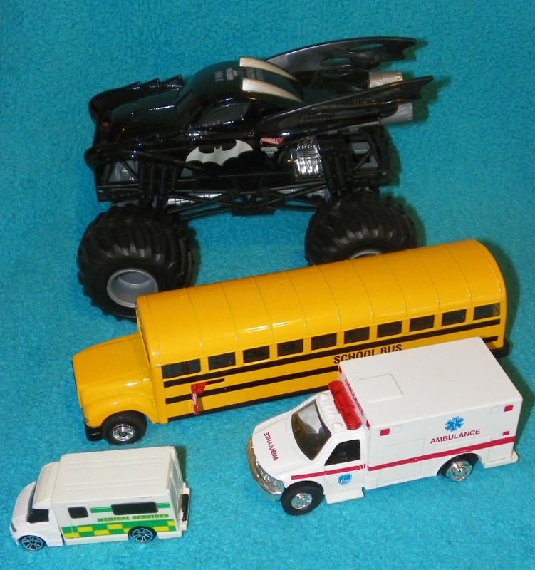10 ERTL John DEERE Schylling BATMOBILE Ambulance FIRETRUCK School Bus Diecast gallery