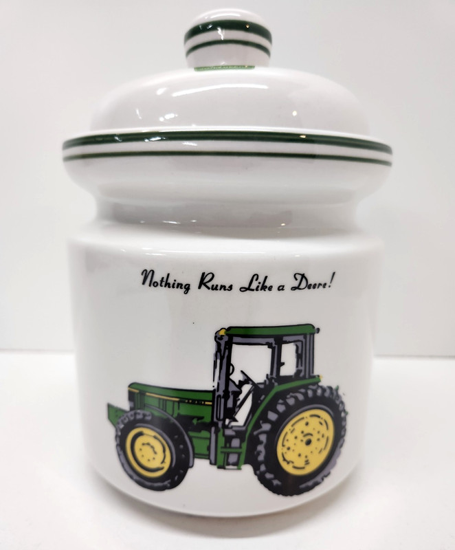John Deere Ceramic 7″ Canister Cookie Jar By Gibson “Nothing Runs Like A Deere”