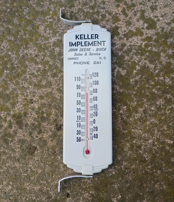 Vtg Keller Impl Harvey North Dakota John Deere Buick Dealer Metal Thermometer