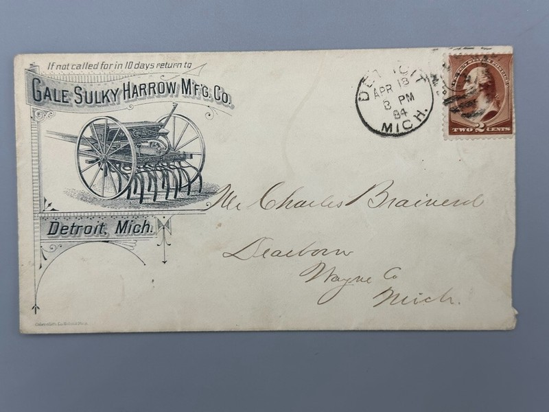 1884 GALE SULKY HARROW Advertise Illustrated POSTAL COVER Farm Machinery DETROIT