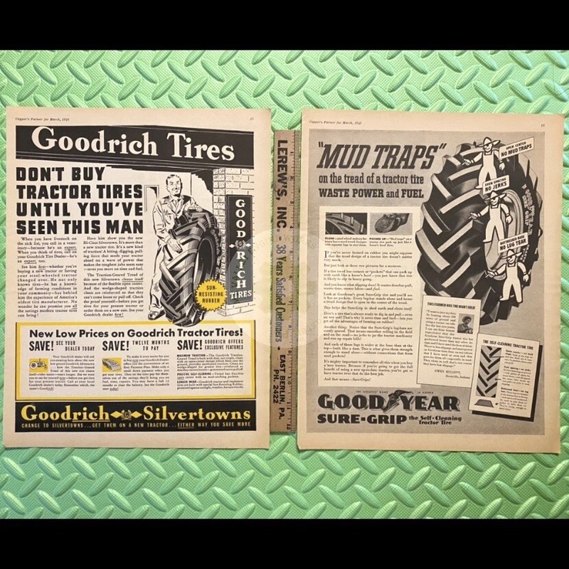 Original 1940 GOODRICH & GOODYEAR Tractor Tires Print Ads LOT. Large 13.5×10.5in