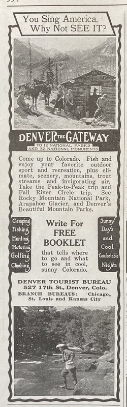 1921 AD.(XG16)~DENVER TOURIST BUREAU, COME TO COLORADO FOR YOUR OUTDOOR TRIPS