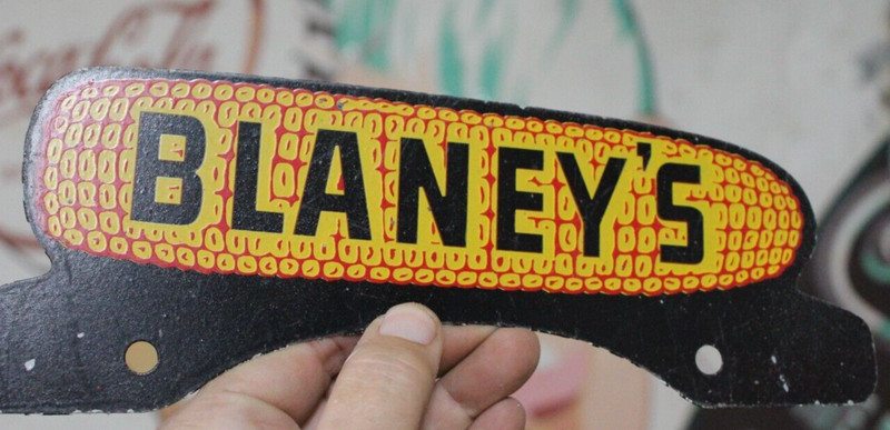 1950s BLANEY’S CORN COB PAINTED METAL LICENSE PLATE TOPPER SIGN SEED FEED STORE