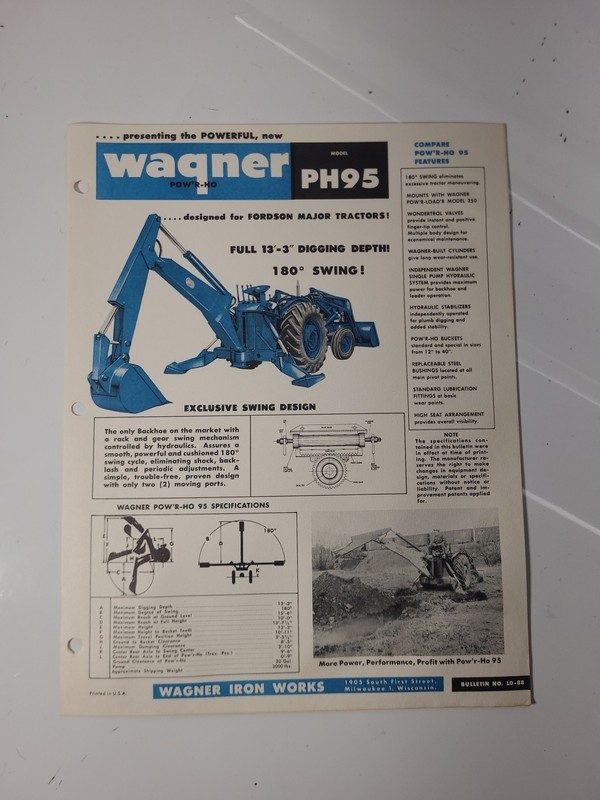 Wagner Model PH95 Pow’r Ho Fordson Tractor Brochure Milwaukee WI