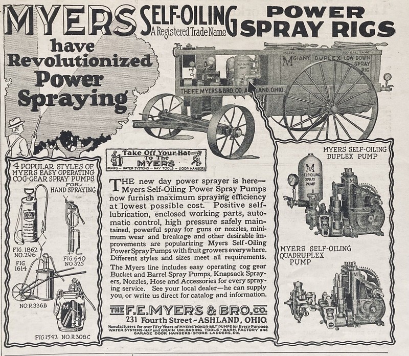 1926 AD.(XG22)~F.E. MYERS CO. ASHLAND, OHIO. SELF-OILING POWER SPRAY RIGS