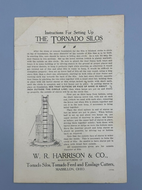 1890s TORNADO SILO Instructions WR HARRISON Farm Advertising MASSILLON Ohio