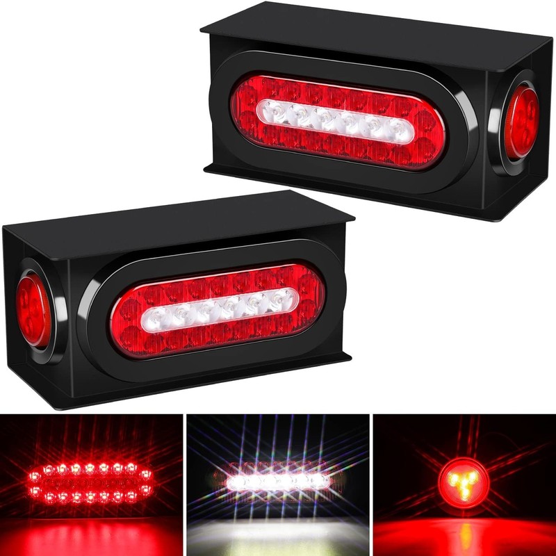2 Pcs Trailer Light Steel Boxes Housing Kit with W/6″ Oval Red/White LED Tail