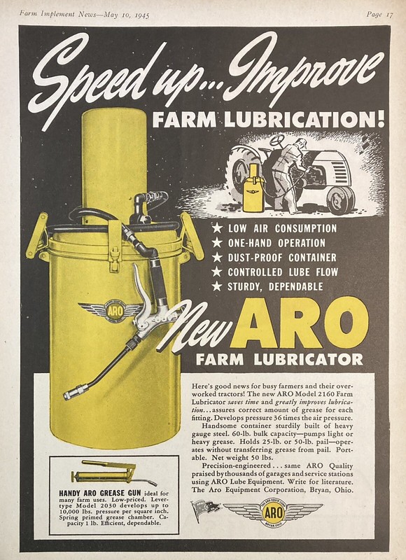 1945 AD.(XF21)~ARO EQUIPMENT CO. BRYAN, OHIO. NEW ARO FARM LUBRICATOR