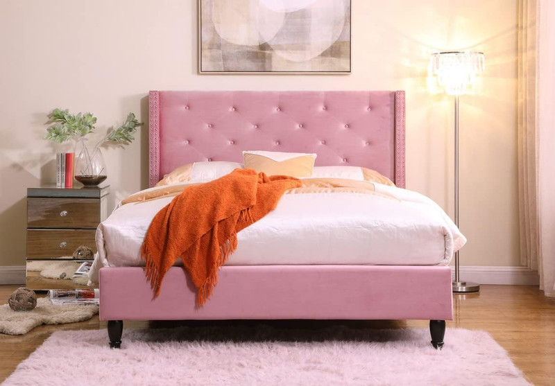 Pink Tufted Suede Velour 51" Headboard Full Bed - Easy Assembly, No Box Spring
