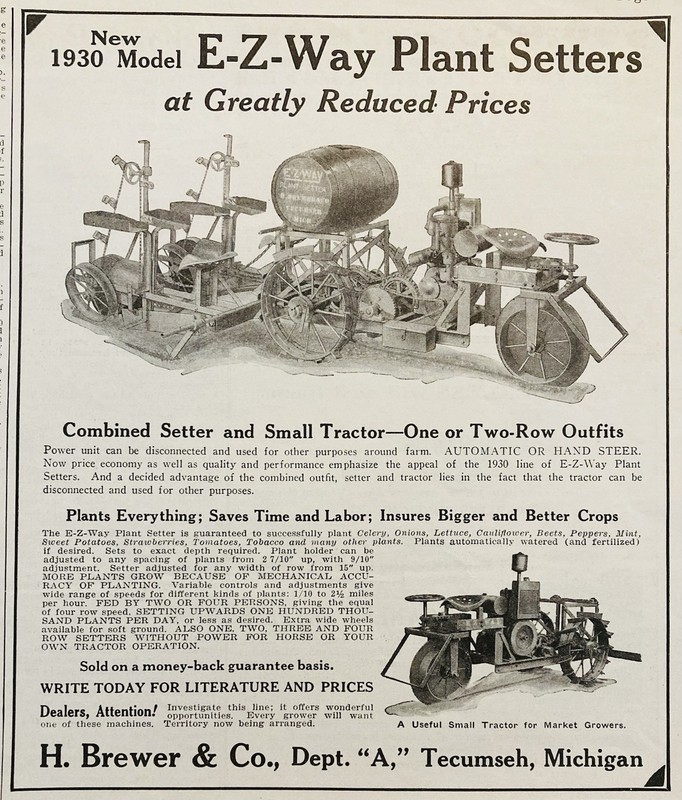1930 AD.(XH86)~H. BREWER CO. TECUMSEH, MI. E-Z WAY PLANT SETTER TRACTOR MACHINE