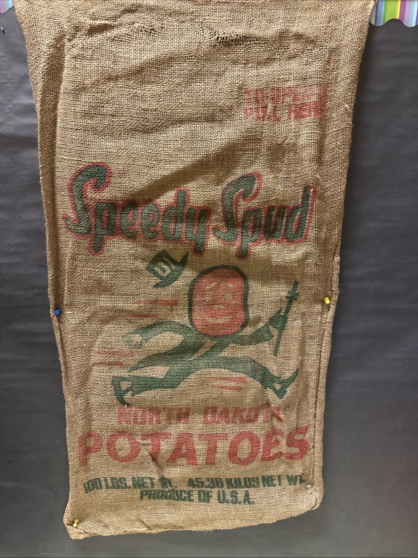 Vintage Burlap SPEEDY SPUD North Dakota POTATOES 100 Lbs Antique Farm Good Color