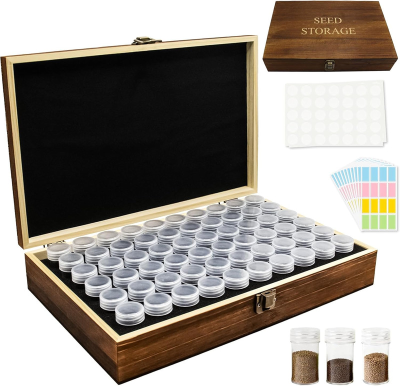 Pine Wood Seed Storage Organizer with 60 Slots and 230 Labels for Plants