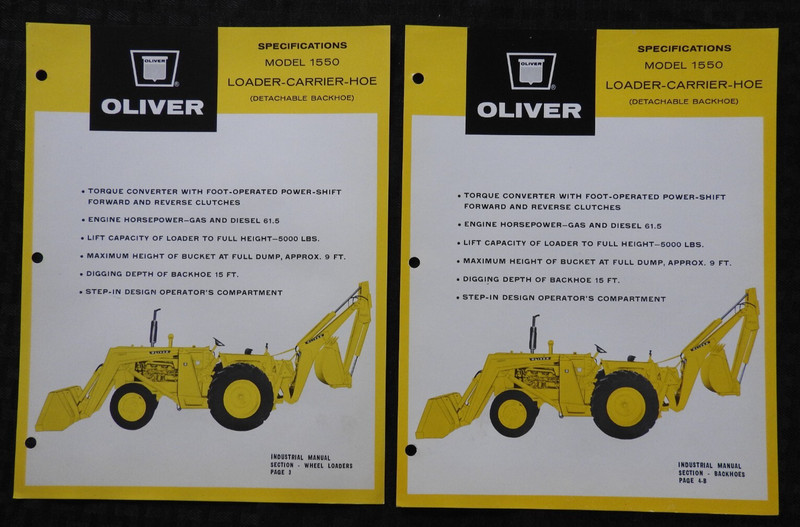 (2) 1965 “OLIVER 1550 TRACTOR LOADER BACKHOE” SPECIFICATIONS BROCHURE VERY NICE