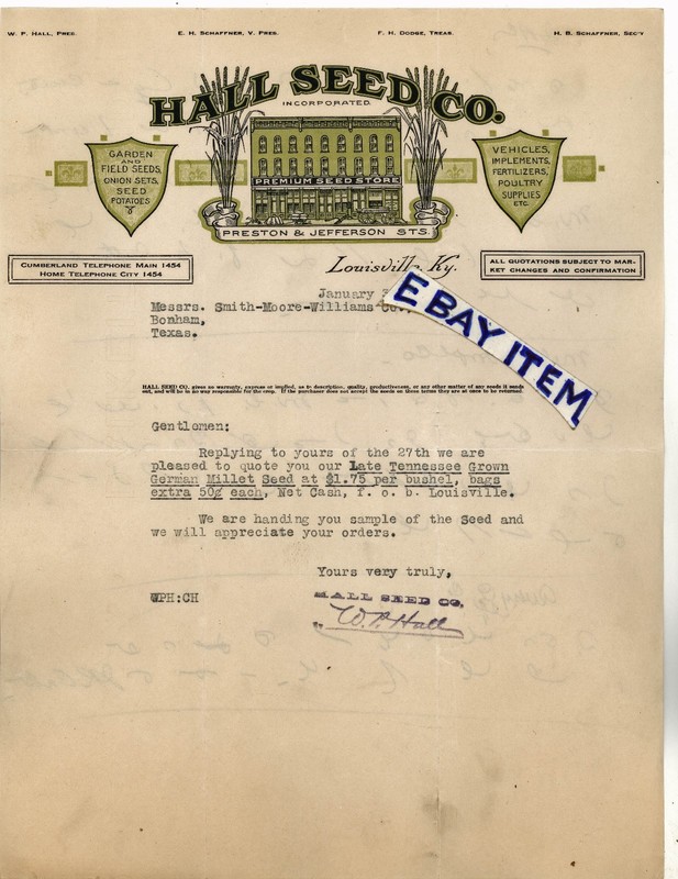 1926 LETTERHEAD Louisville Kentucky W.P. HALL SEED COMPANY EH Schaffner FH Dodge