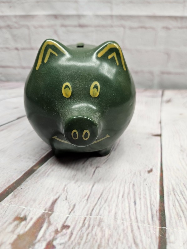 John Deere Ceramic Piggy Bank Stoneware Smiling Pig Green Yellow Authentic Logo gallery