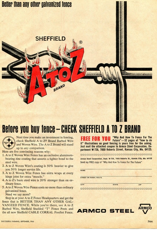 1966 Print Ad of Armco Steel Sheffield A to Z Brand Barbed Wire Fence