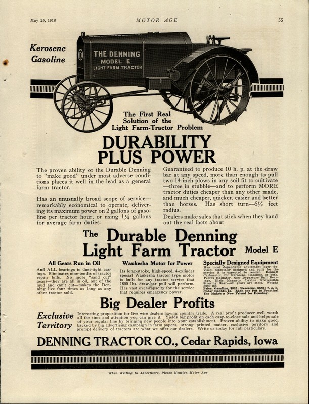 1916 Denning Tractor Co. Ad: Model E Light Farm Tractor – Cedar Rapids, Iowa