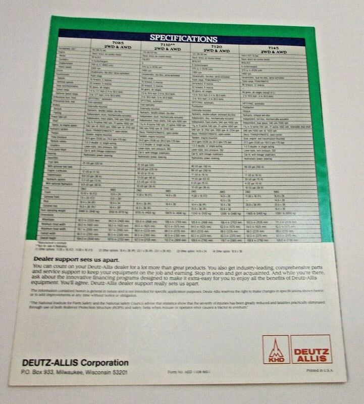 New Vintage 1980's Deutz Allis 7085 7110 7120 7145 Tractor Tri-fold Brochure gallery