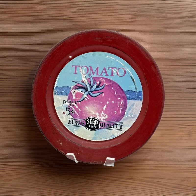 Debi Hron Creatif Plate 10″ Vintage 5 Cent Tomato Burt’s Seed Potting Shed Decor