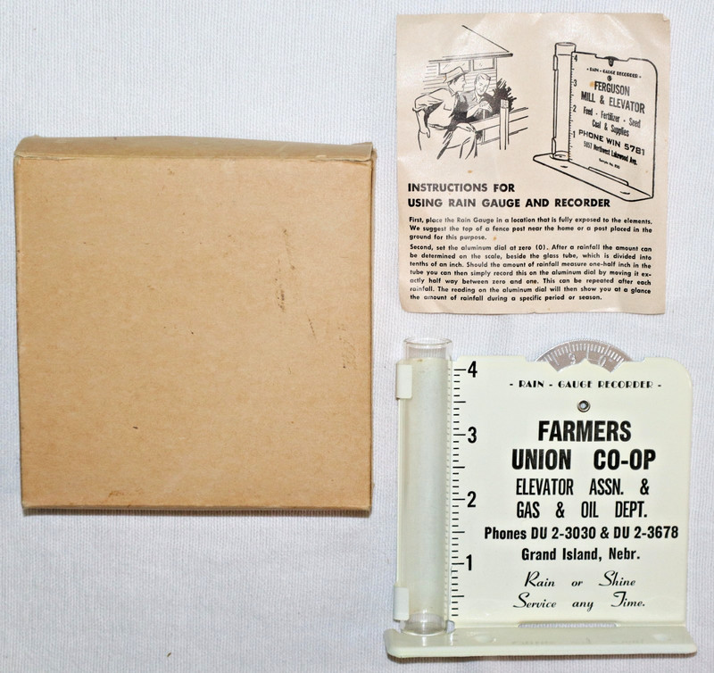 NOS VINTAGE FARMERS UNION CO-OP GRAND ISLAND NE, RAIN GUAGE AND RECORDER, IN BOX
