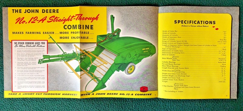 JOHN DEERE COMBINE CATALOG c.1946 + c.1941 Advertising Sheet for SWEEP RAKE gallery