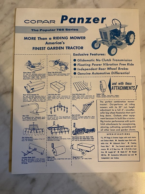 Vintage PANZER Tractor Catalog With Attachments & Specs