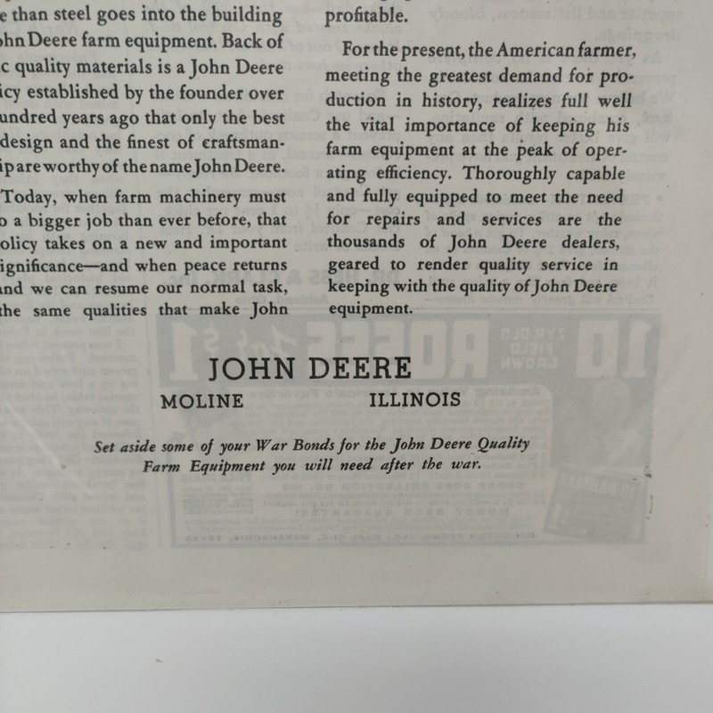1943 John Deere Advertisement War Bonds Army Navy Flag Dog Country Gentleman gallery