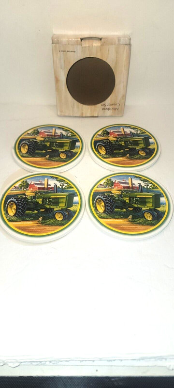 John Deere Tractor Stone 4 Coaster Set Cork Backing in Box 2001 Tractor w Barn