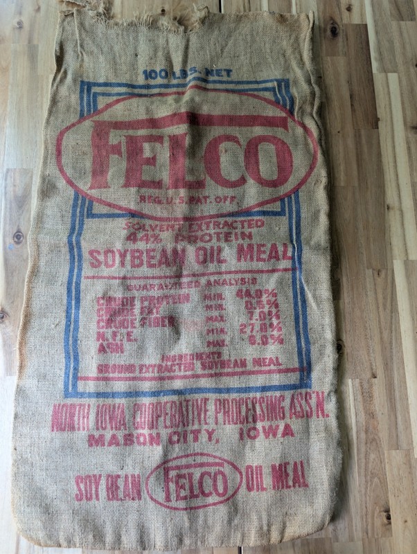 Vintage FELCO Soybean Oil Meal Mason City IOWA Burlap Empty Sack, North Iowa