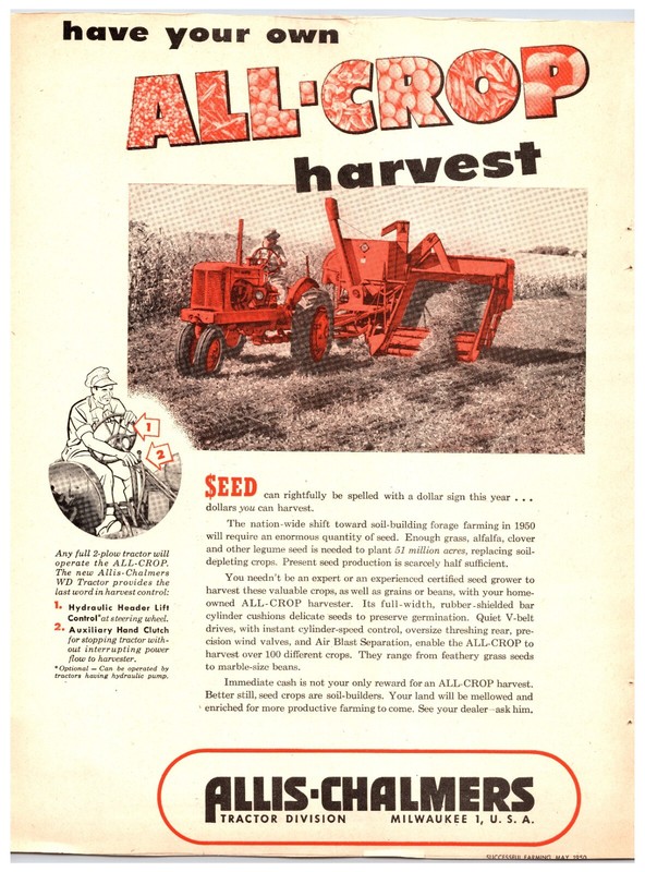 1950 Allis-Chalmers All Crop Harvester Original Print Advertisement (8in X 11in)