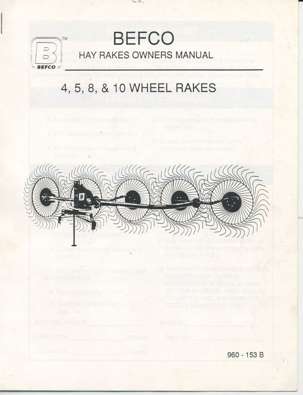 -Befco- Vintage 4 5 8 10 Wheel Rakes Tractor Operators Service Manual
